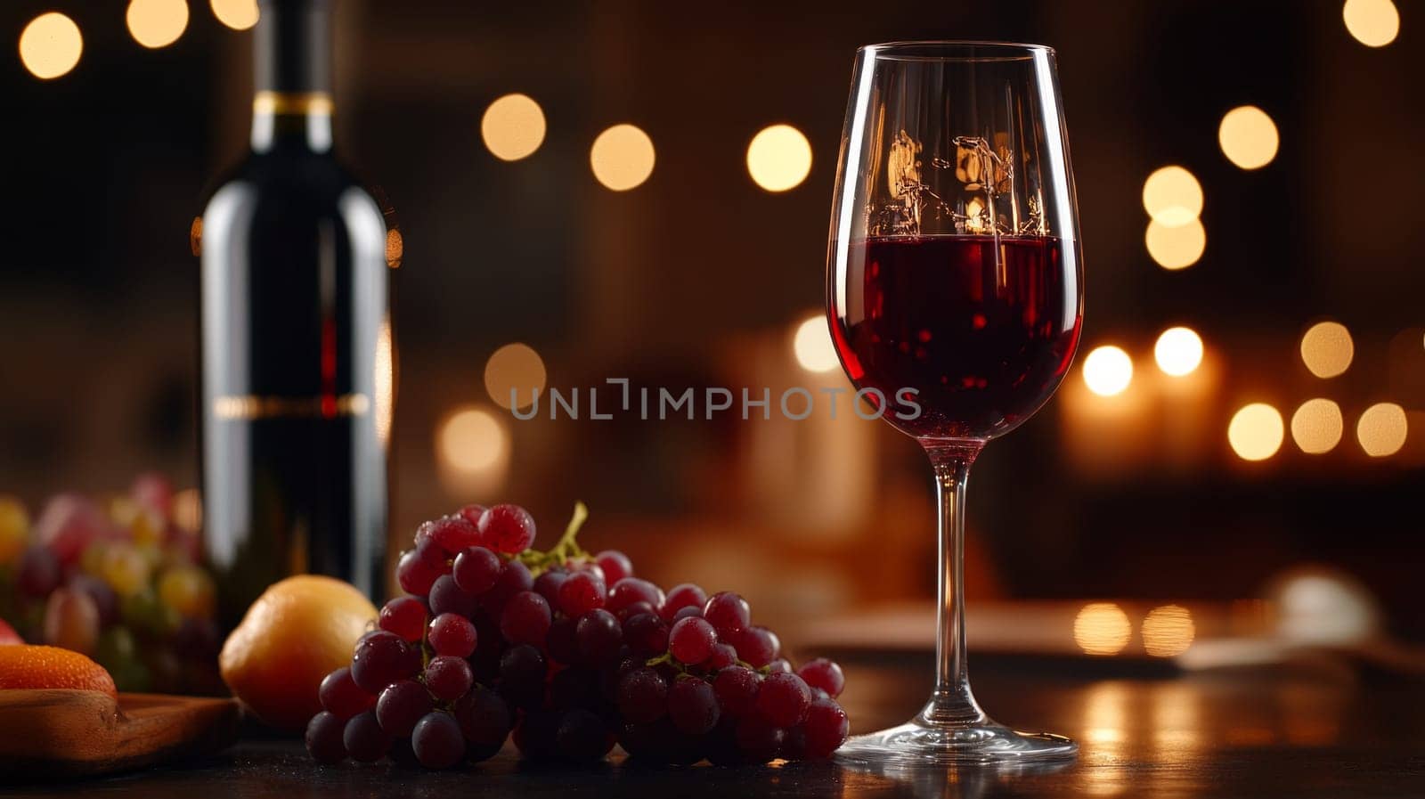 A glass of wine with grapes and a bottle without a label against the background of a blurred cozy light in the room.