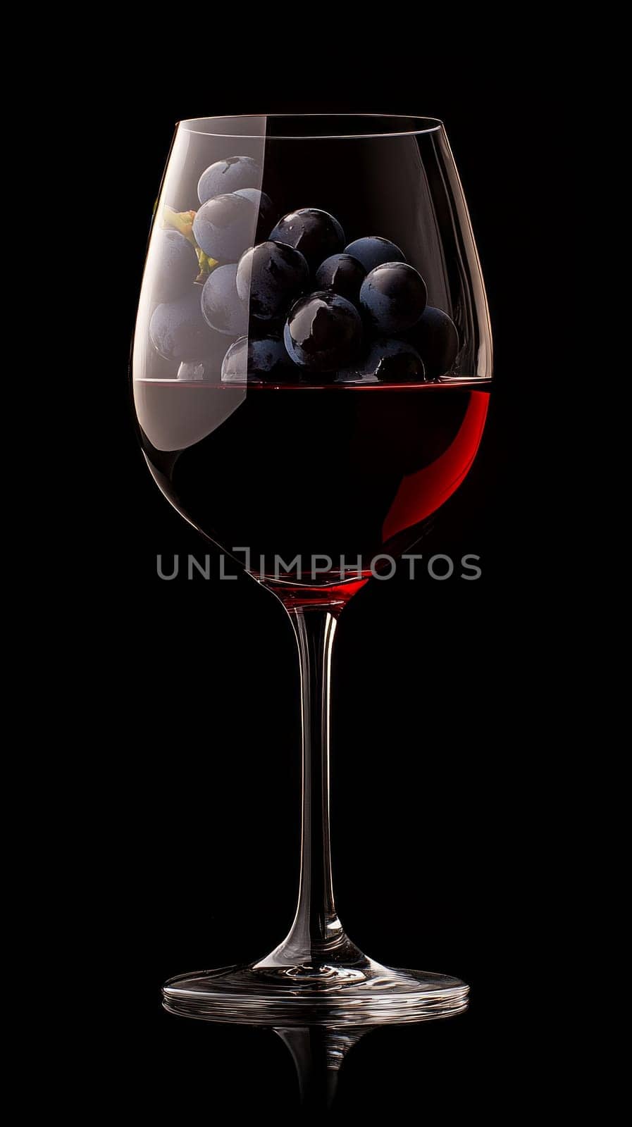 A juicy, dark bunch of grapes in a glass of red wine. Deep, saturated shades of black and red on a black background.