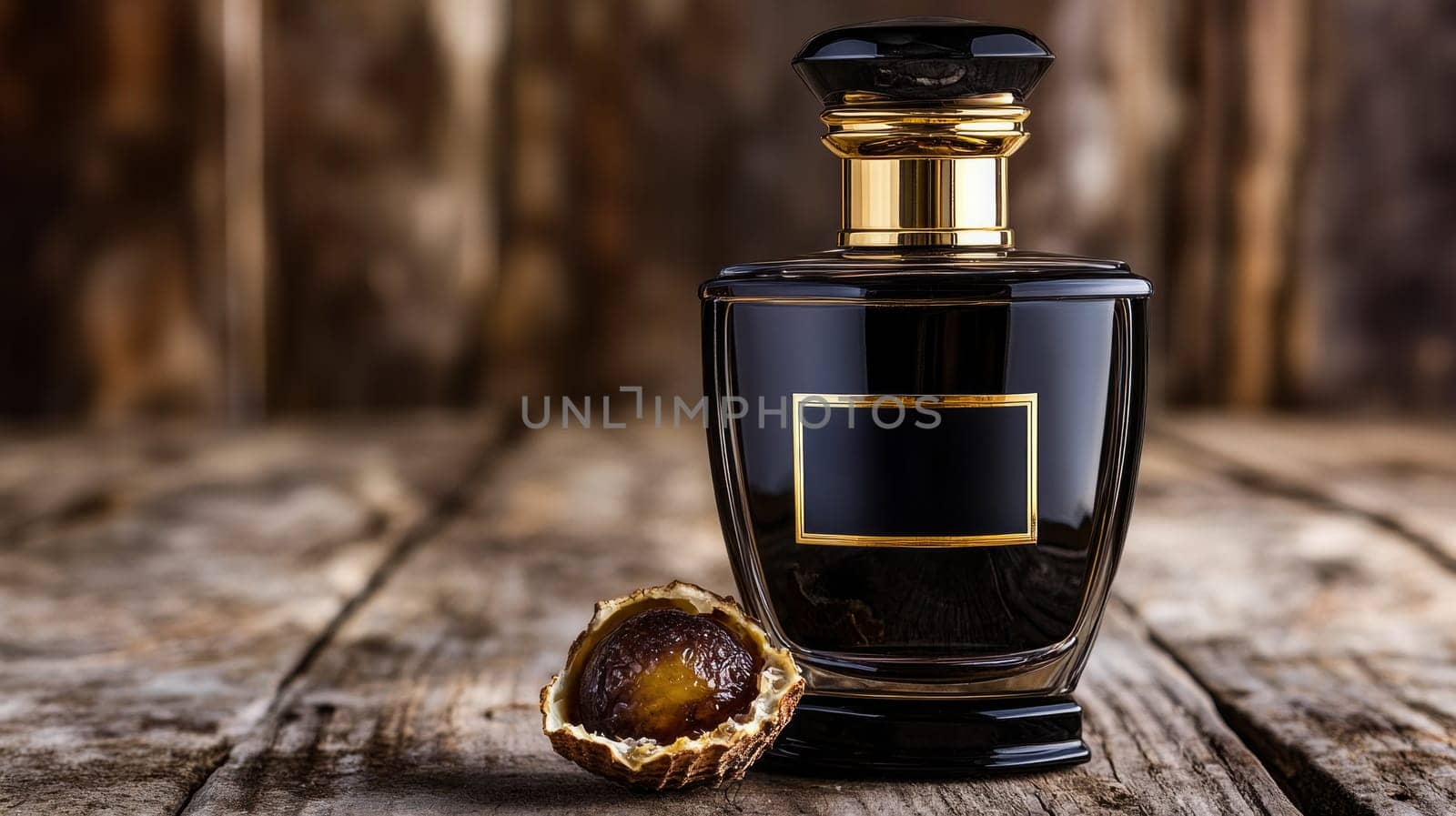 An elegant black perfume bottle with a cracked fruit shell at the base. Label on the bottle with a place for copying