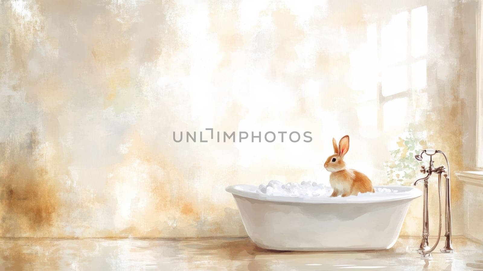 Watercolor drawing with a rabbit sitting in a small bathtub with foam and soap bubbles around. Copy Space