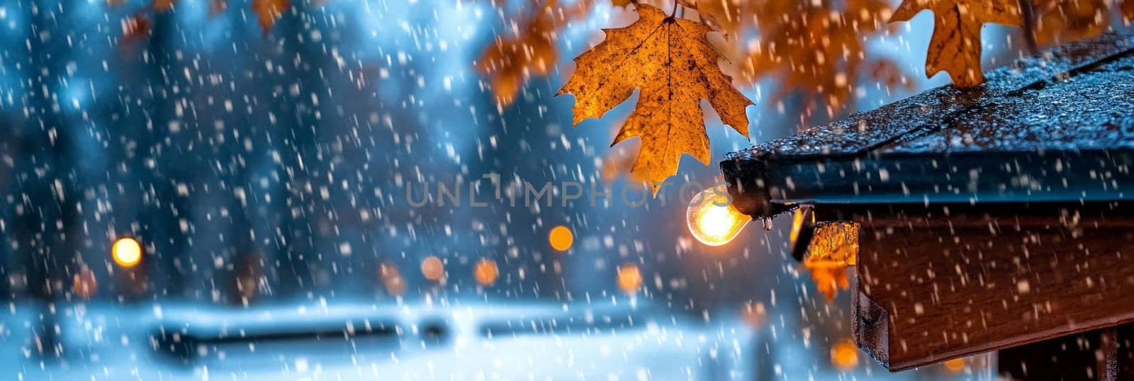 Close-up of snow falling on leaves hanging from the eaves. Close-up of the roof of a house with a light bulb and leaves, in the evening, in dark blue colors.