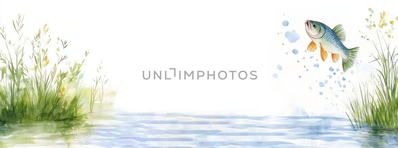 fish jumping out of the water and spraying in delicate shades of blue and green. sky blue and delicate ripples on the water. Space copy banner