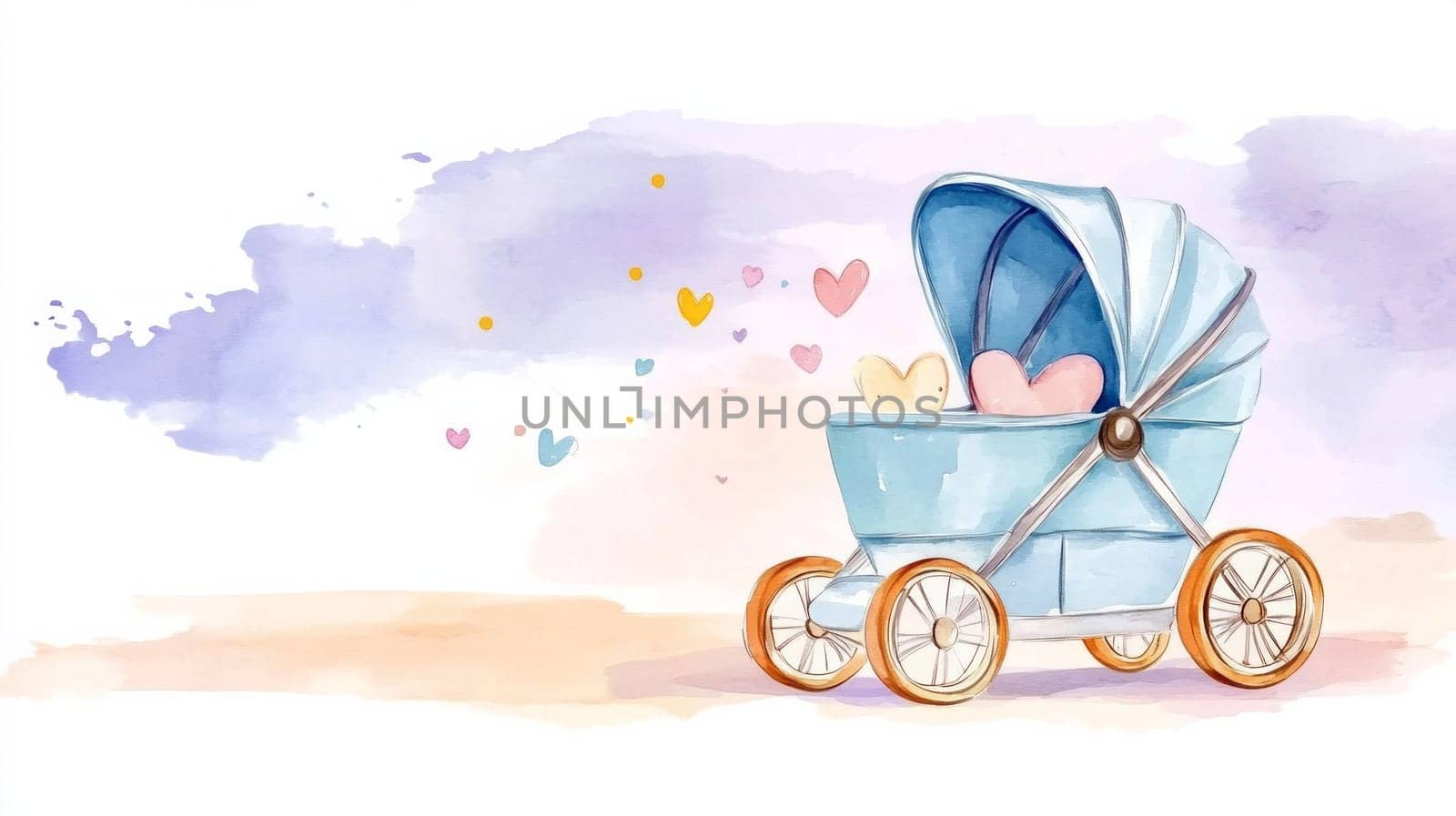 Watercolor style baby stroller, made in bright pastel colors - light pink and blue colors with small hearts and stars hovering around it