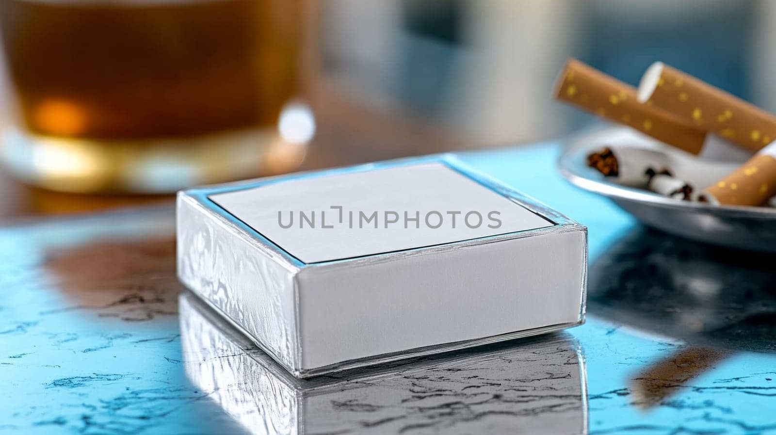 white box with space for text with nicotine patch. The clean, simple design of the patch contrasts with the messy remnants of the habit of smoking nearby, such as cigarette butts and an ashtray.
