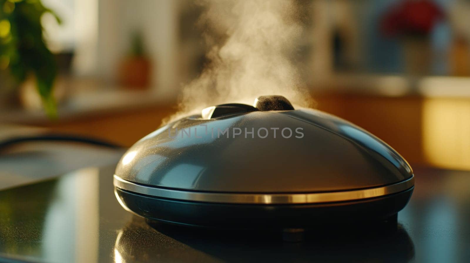 Close-up of a steam humidifier releasing a soft mist of moisture. Soft, cinematic lighting accentuates steam and creates a peaceful mood.