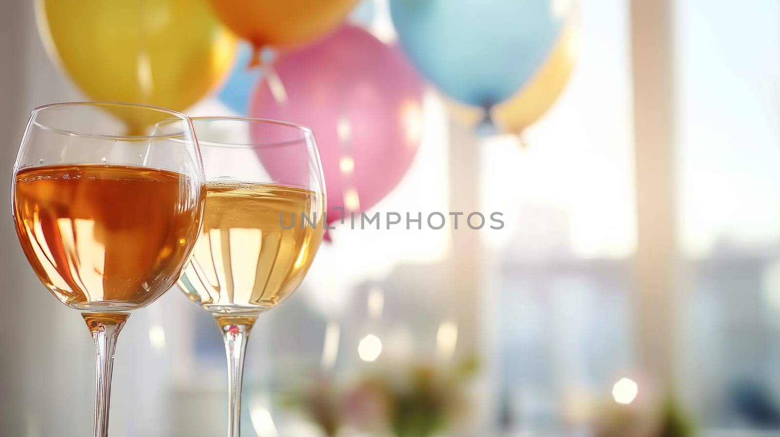 Wine glasses with drinks of different colors, located on the left in the background of balloons.