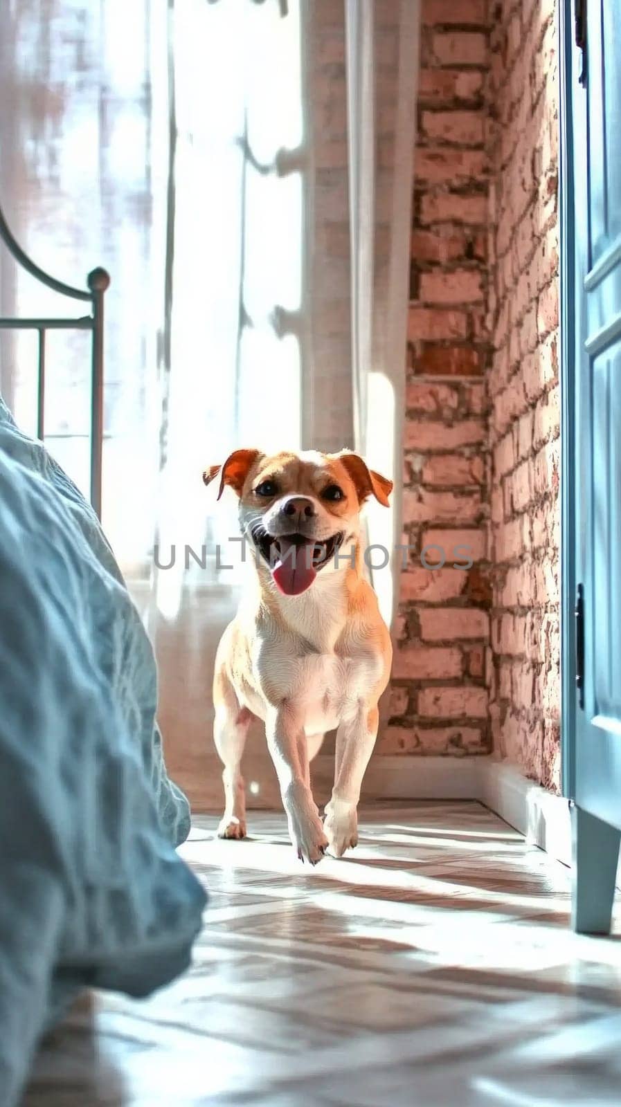 A medium-sized puppy runs around the apartment with a satisfied expression on his face