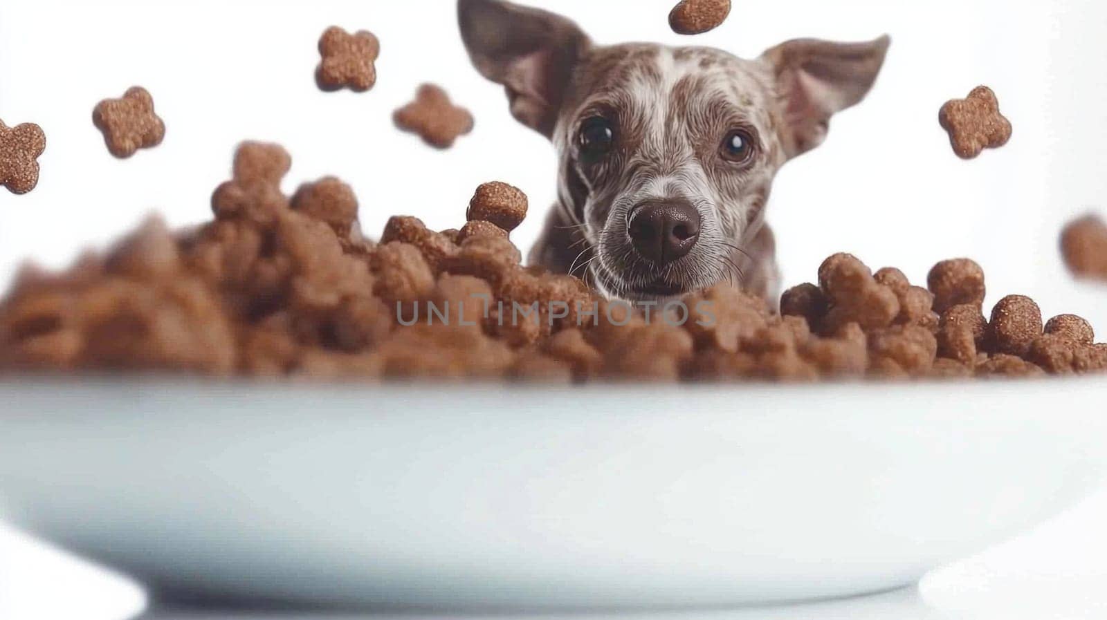 Spotted dog looking at falling dog food on plate on white background