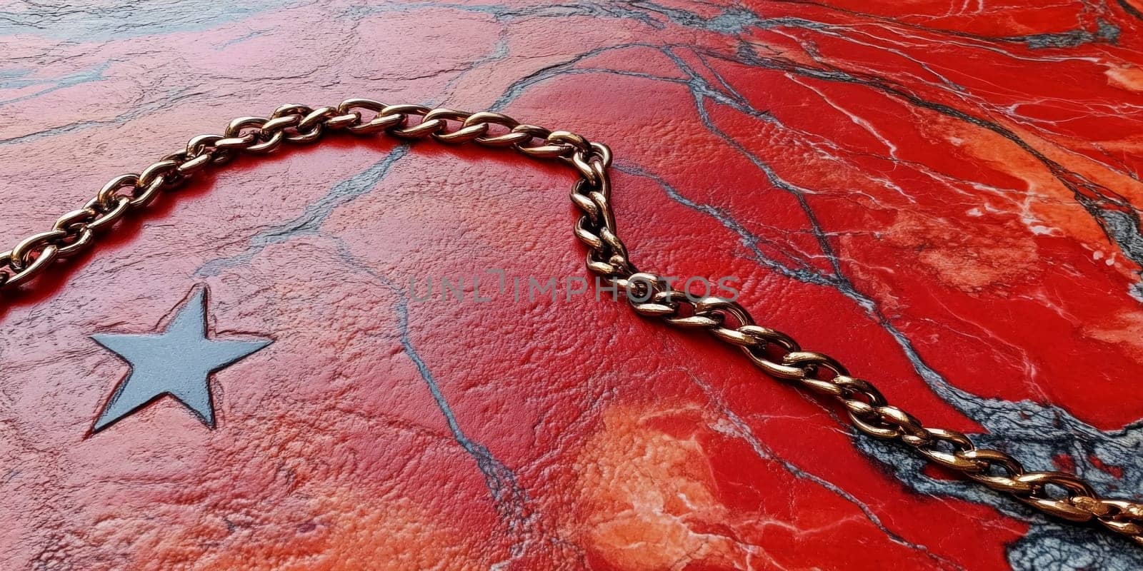 Gold chain on red textured leather background with five-pointed star and lines.abstract background