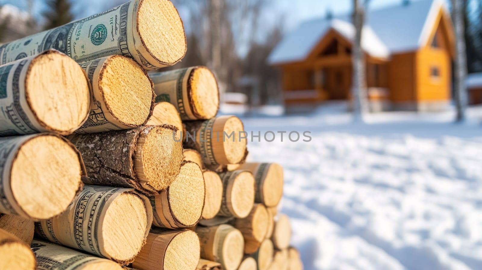 A stack of firewood, but each log has a pattern similar to dollar bills. The concept of expensive heating in winter.In the background there is a snow-covered yard with a house in the distance