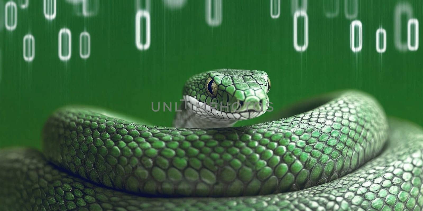 Reptile emerald snake on green screen background with falling zeros and ones