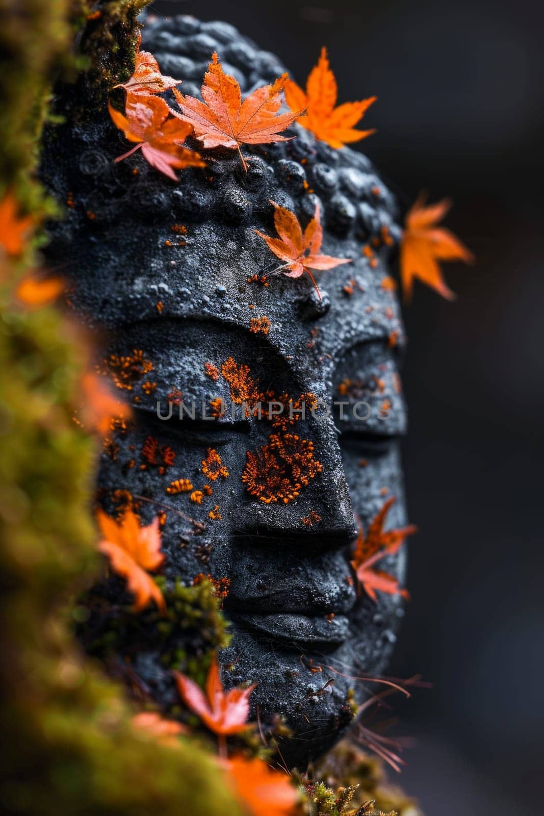 Buddha statue with bright autumn leaves.