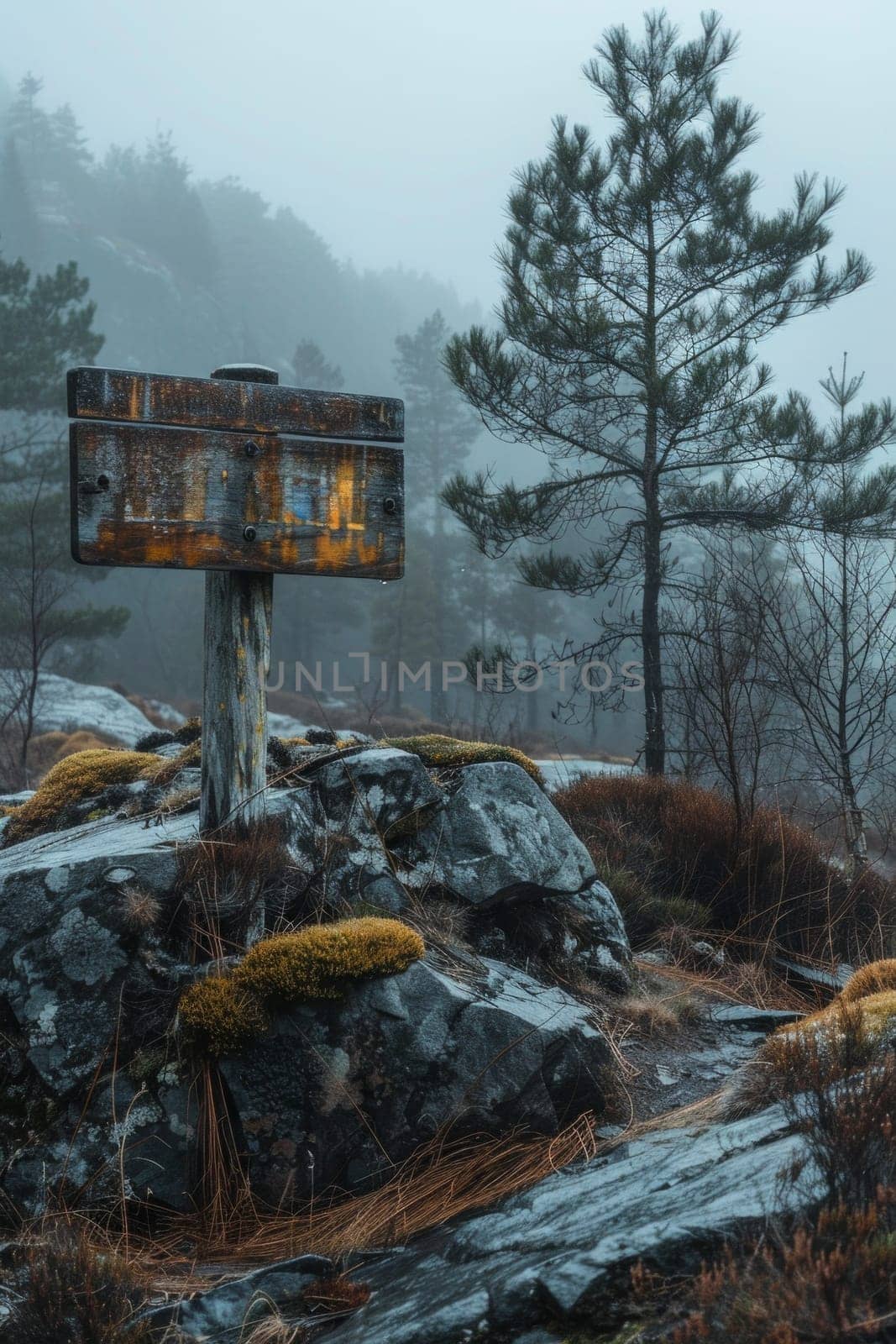 Wooden trail sign in the park. In the background are leaves, moss, and trees. The weather is foggy and gray.