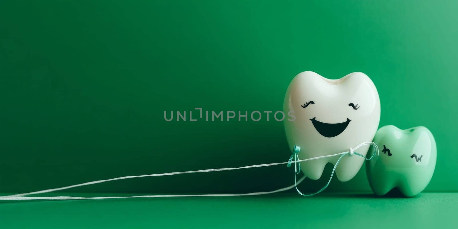Porcelain tooth figurine holding dental floss .copy space