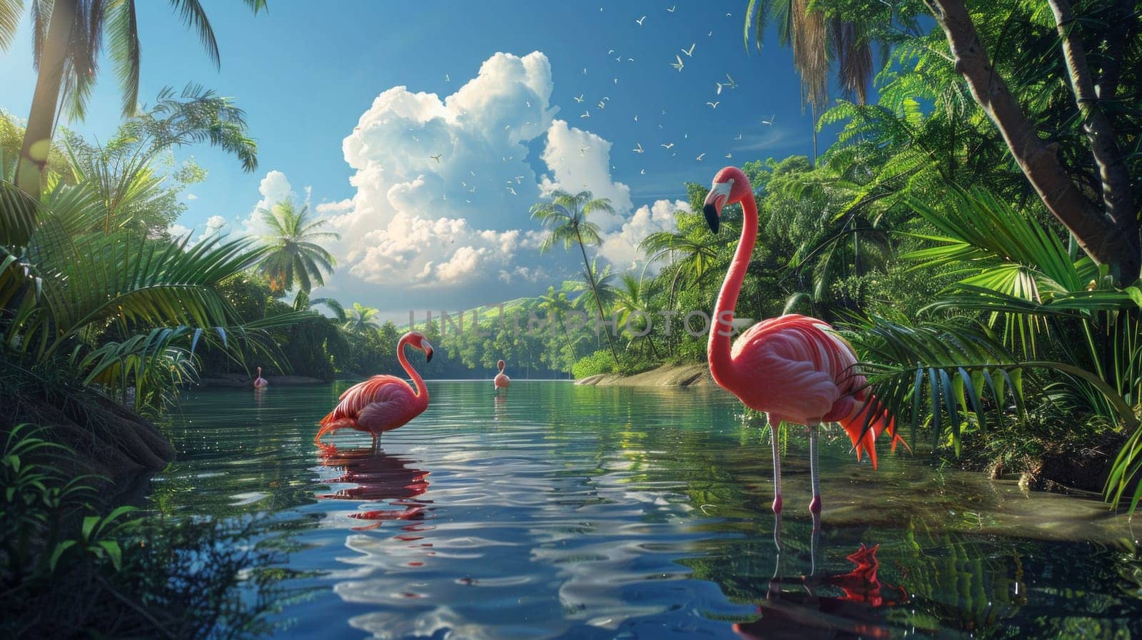 Pink flamingos stand in a serene tropical lagoon with lush greenery and clear blue skies, creating a picturesque picture of wildlife.
