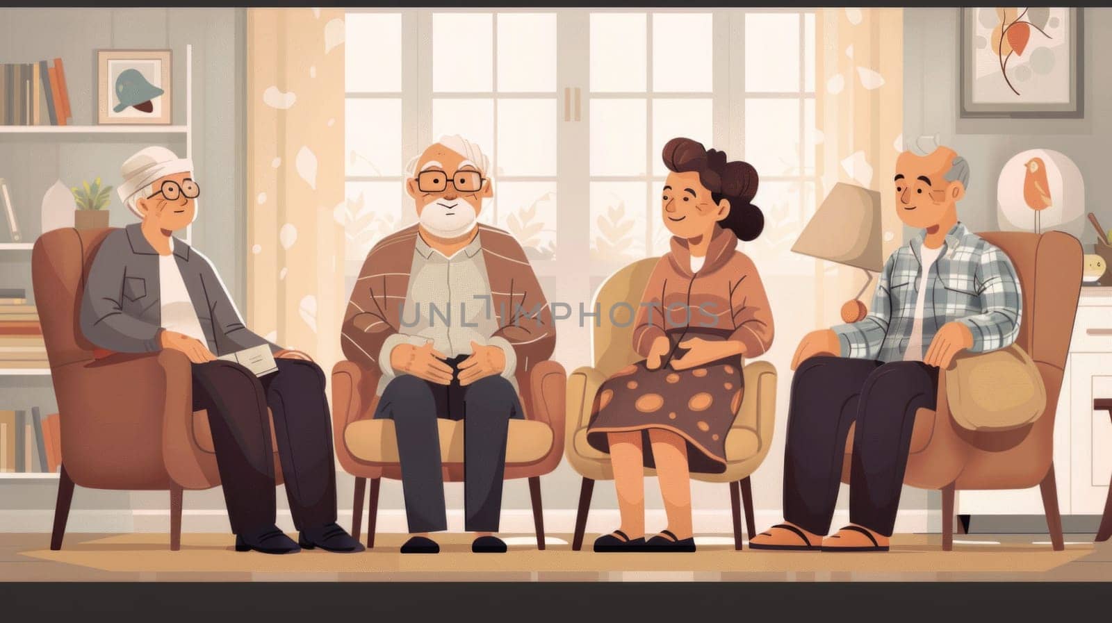 Elderly people sitting on armchairs in a room.concept the importance of family care and support and spending time together