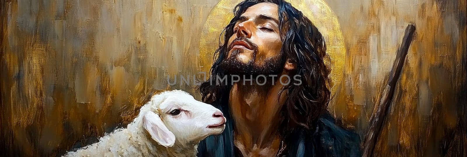Saint John the Baptist, holding a shepherd's staff and holding a white lamb on one shoulder. AI generative.