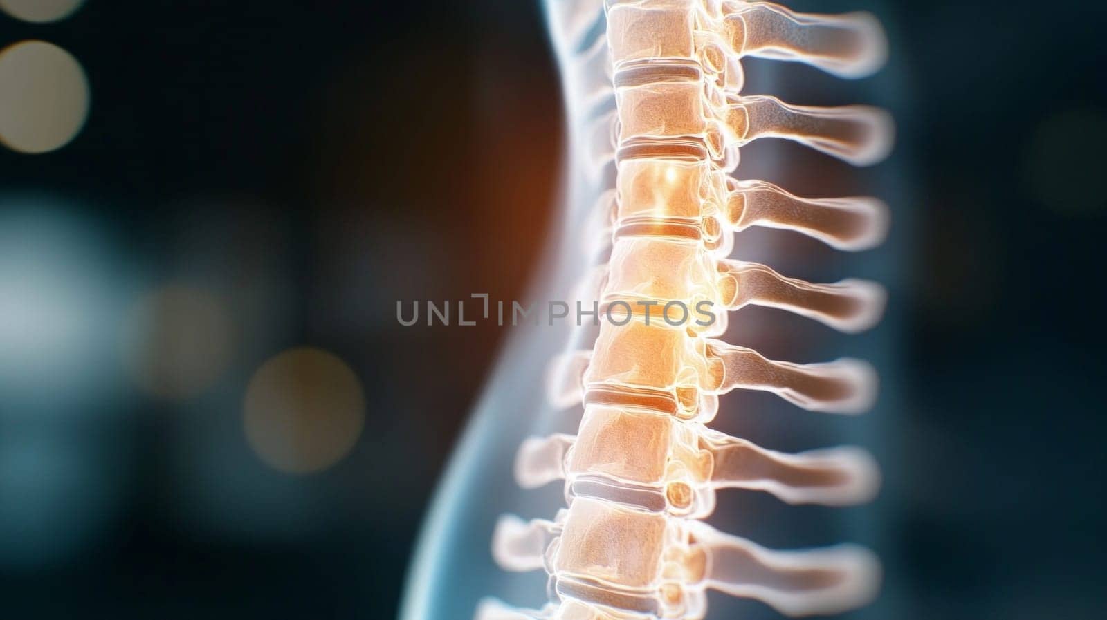 A detailed etheric image of the spine of a person whose vertebrae glow yellow, symbolizing back pain. The image emphasizes the selected area, creating a visual representation of the discomfort.