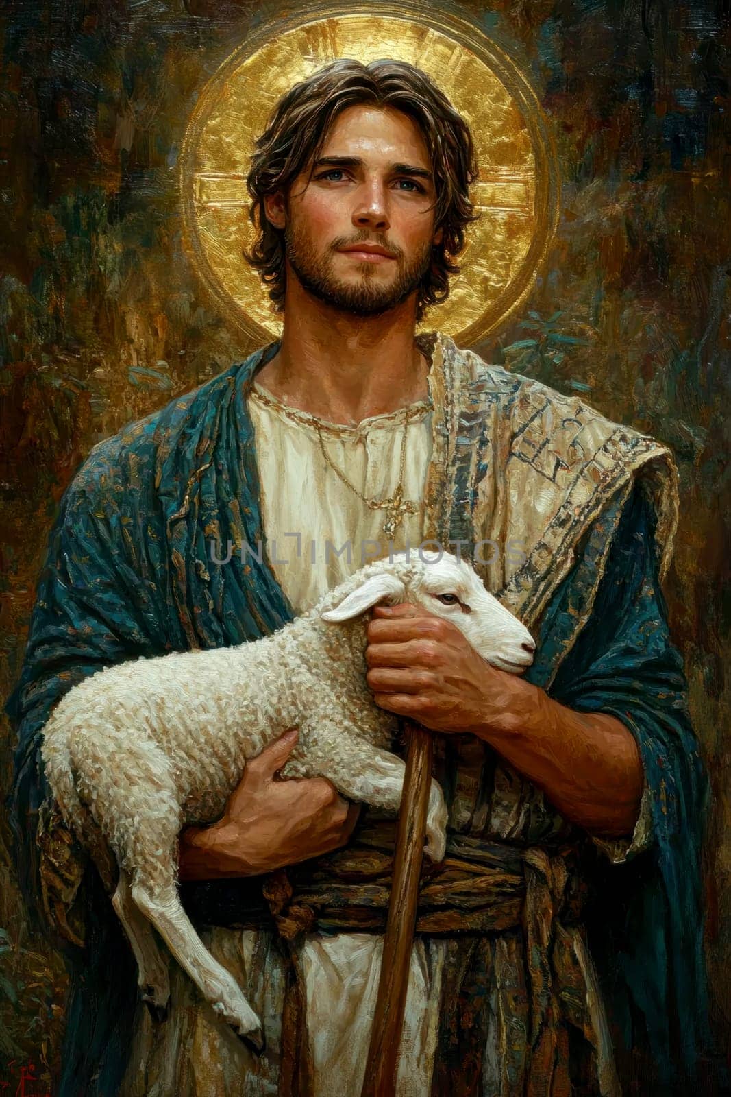 Saint John the Baptist, holding a shepherd's staff and holding a white lamb on one shoulder. AI generative.