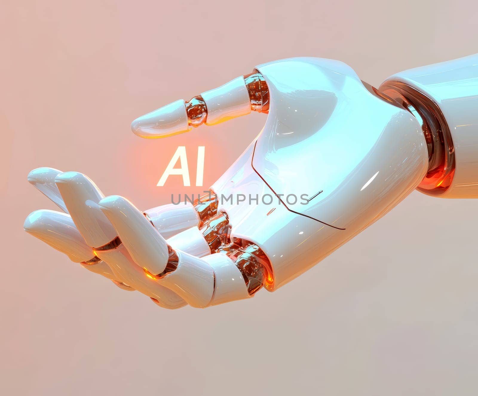 robot hand gently holding an 'AI' logo in its palm. AI generative.