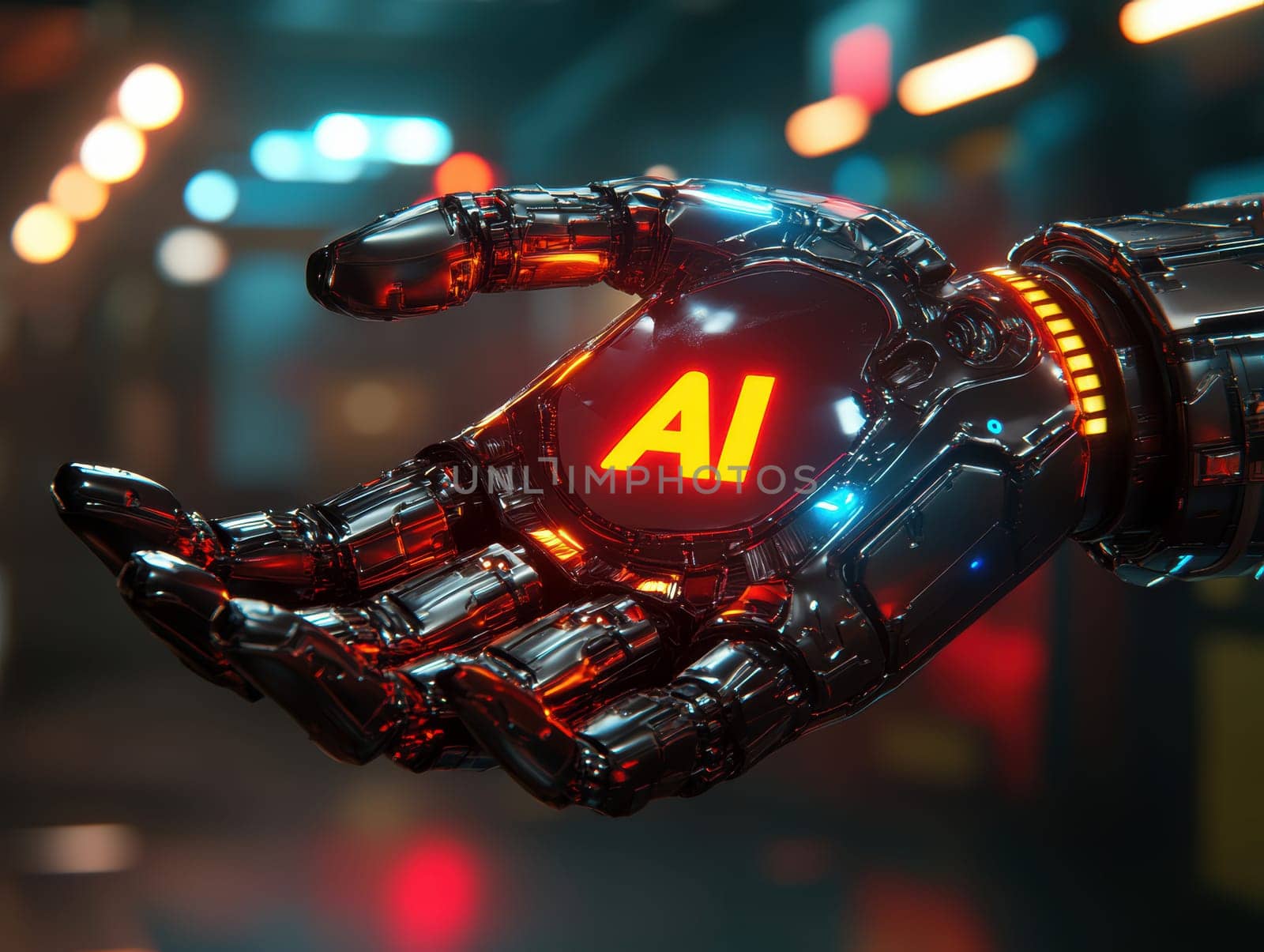 robot hand gently holding an 'AI' logo in its palm. AI generative.