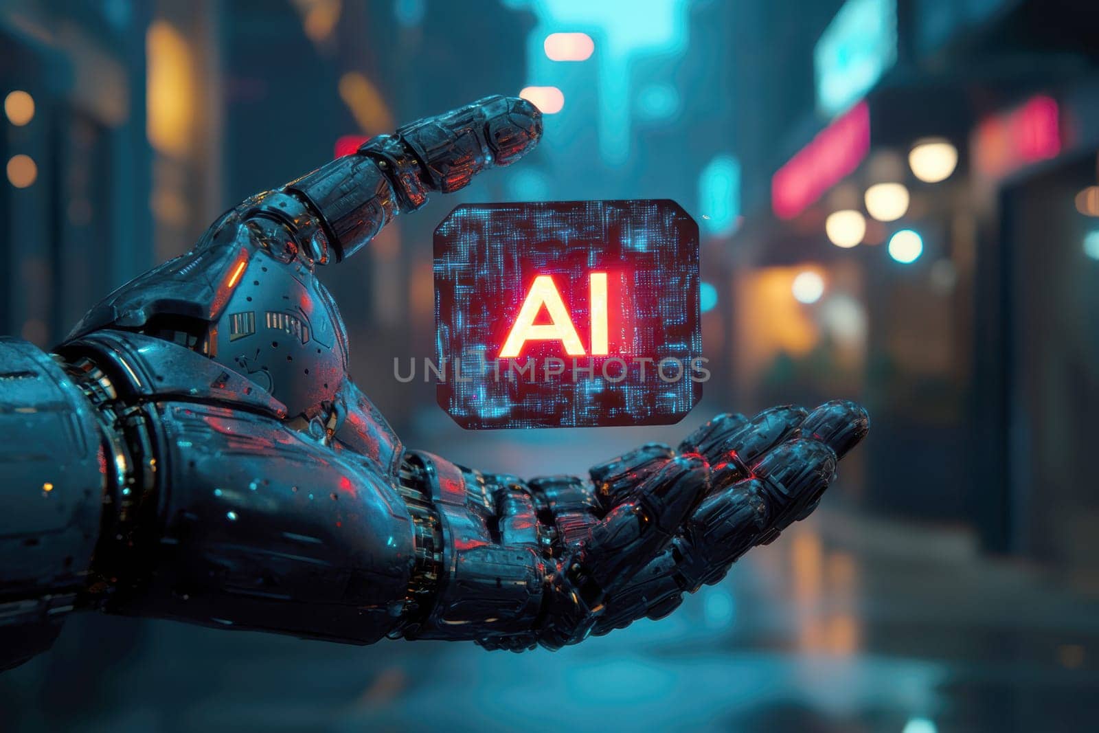 robot hand gently holding an 'AI' logo in its palm. AI generative.