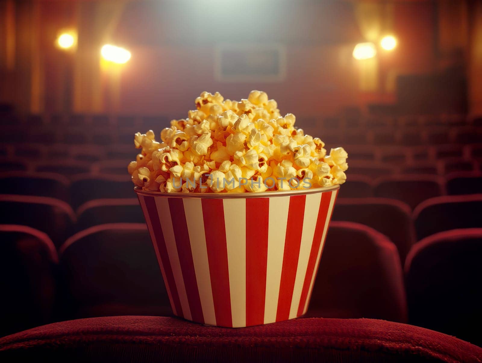 freshly popped popcorn in a cinema. AI generative.