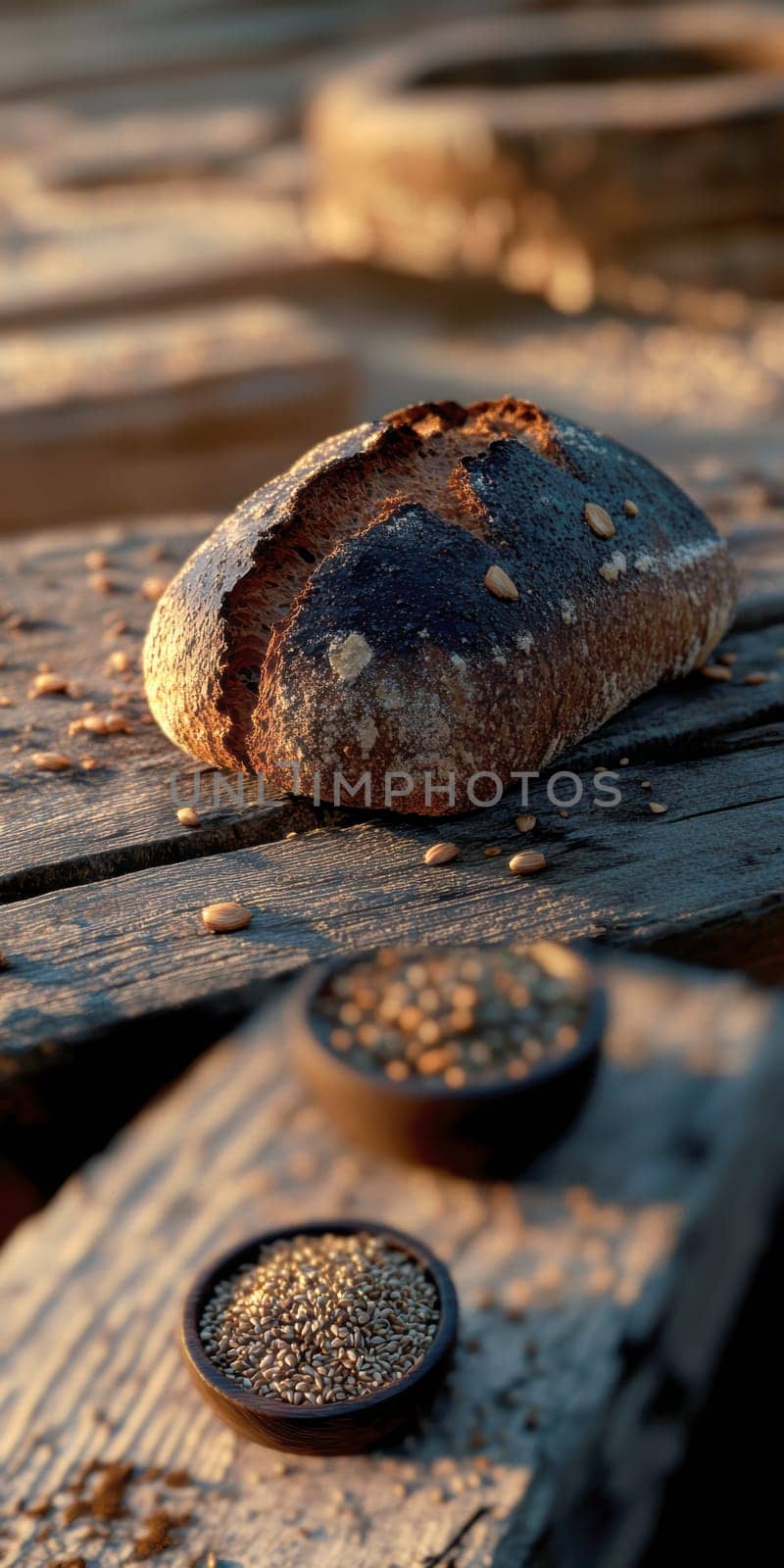 A rustic loaf of bread lying on a wooden table. AI generative.