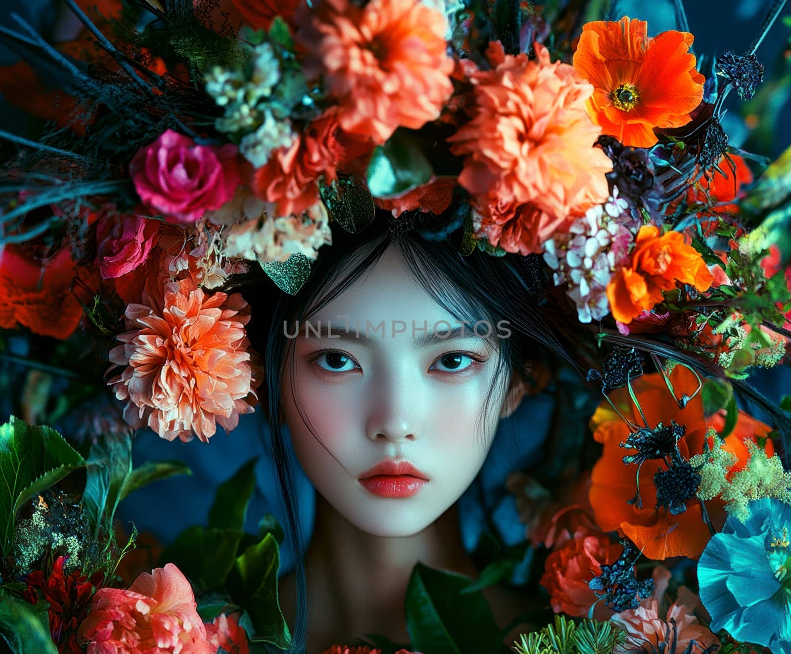 Portrait of a woman in avant-garde dress and integrated flowers, AI generative.