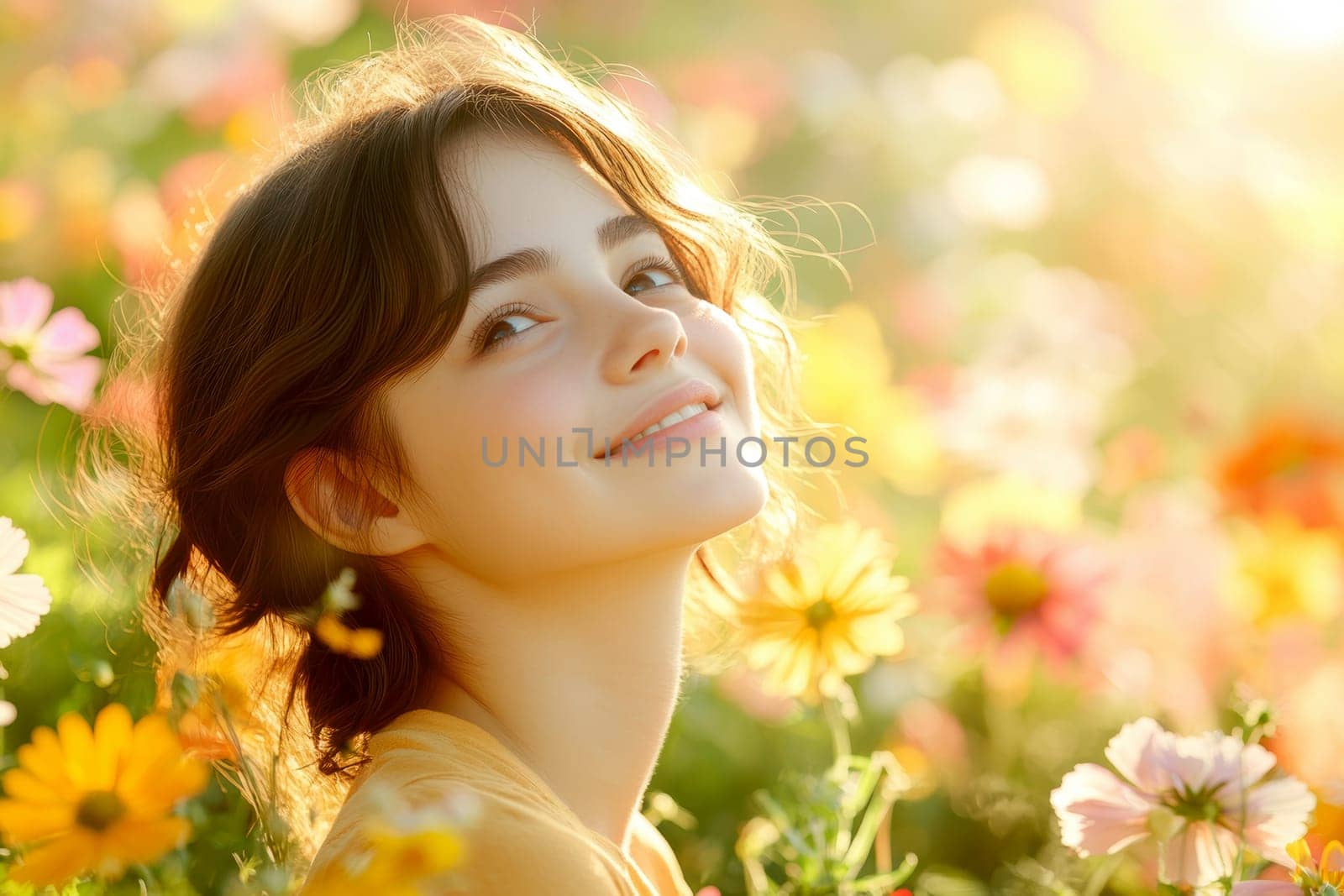 A positive, smiling girl sitting on a sunlit meadow . AI generative.