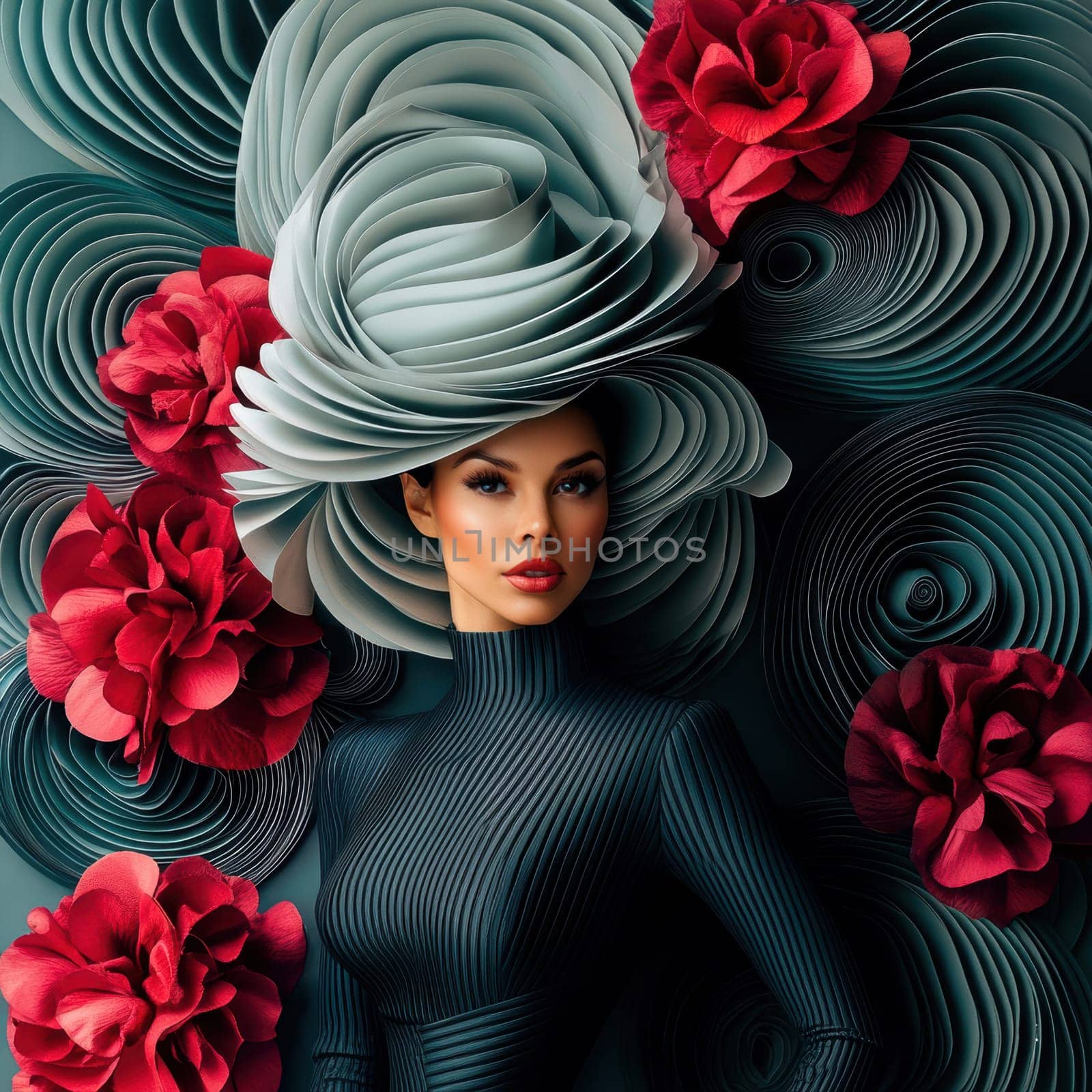 Portrait of a woman in avant-garde dress and integrated flowers, AI generative.