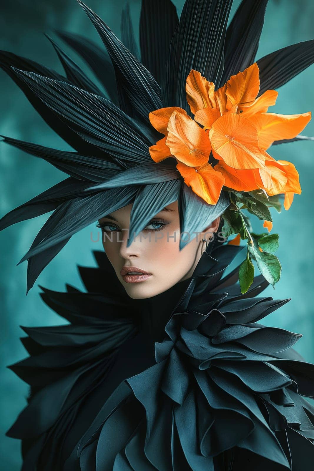 Portrait of a woman in avant-garde dress and integrated flowers, AI generative.