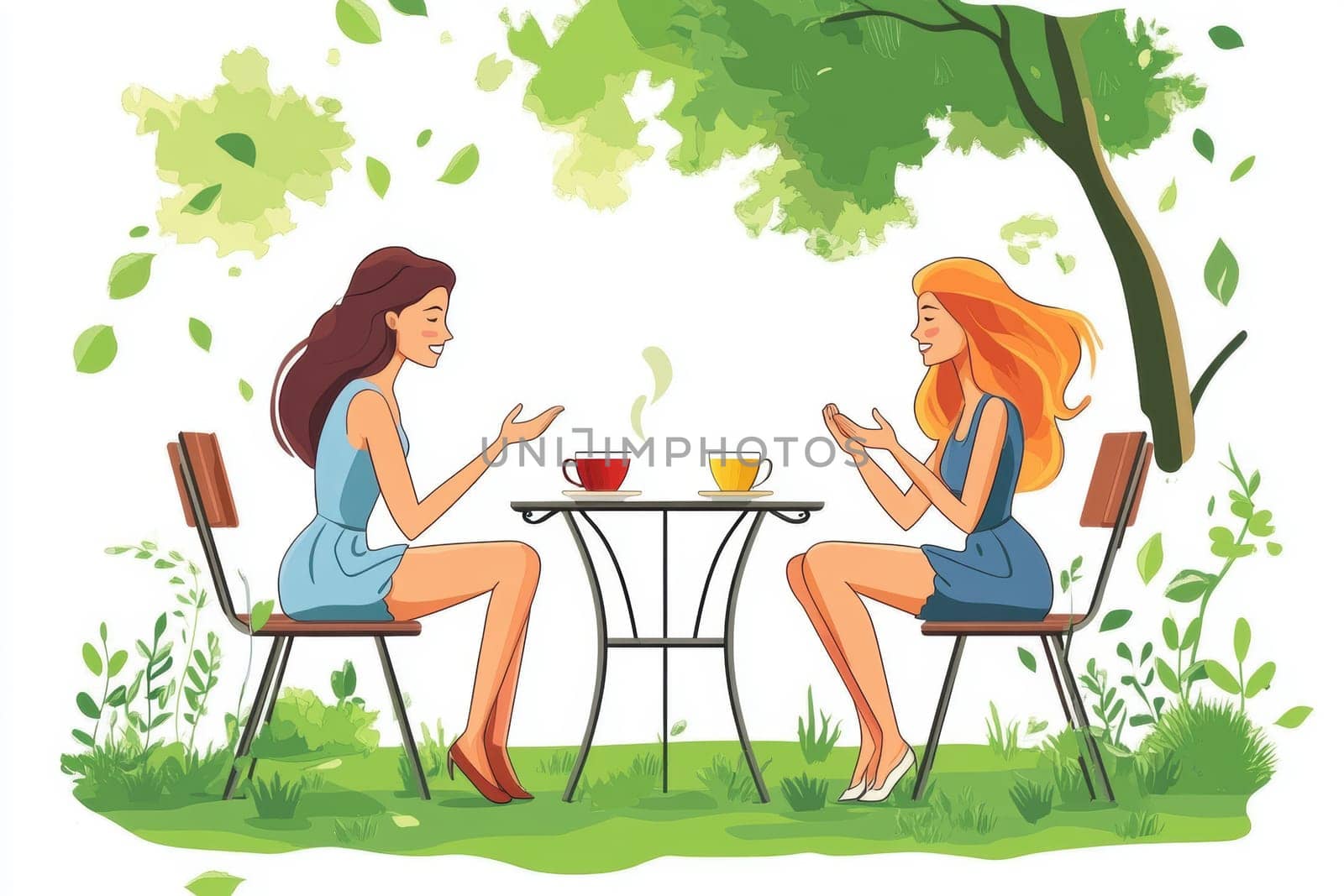 modern tea garden talking women, simple illustration style. AI generative.