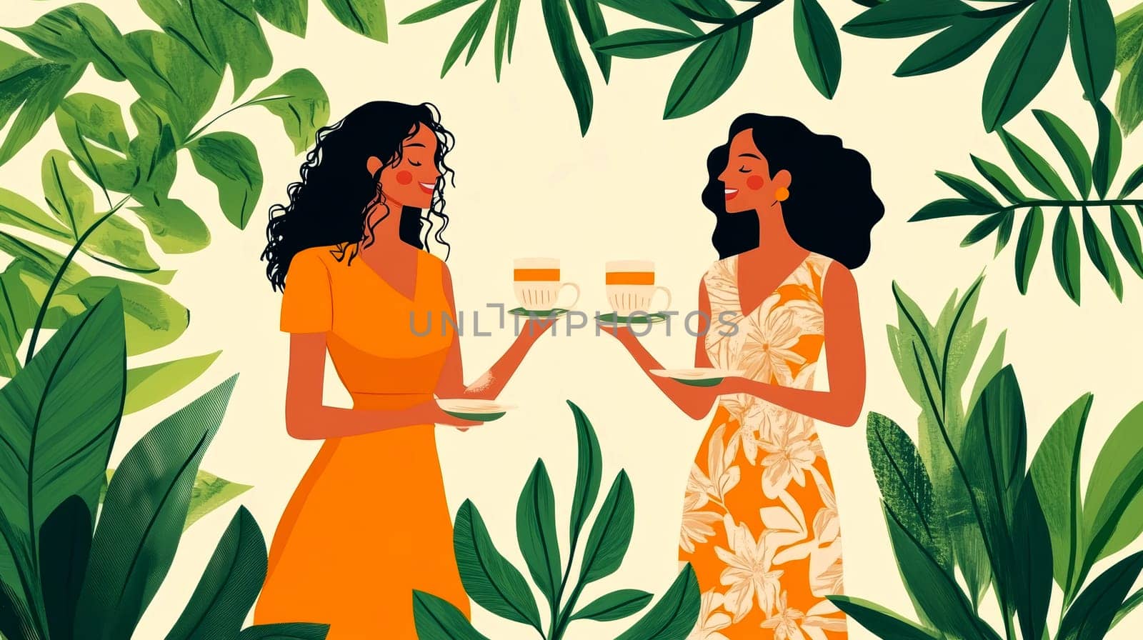 modern tea garden talking women, simple illustration style. AI generative.