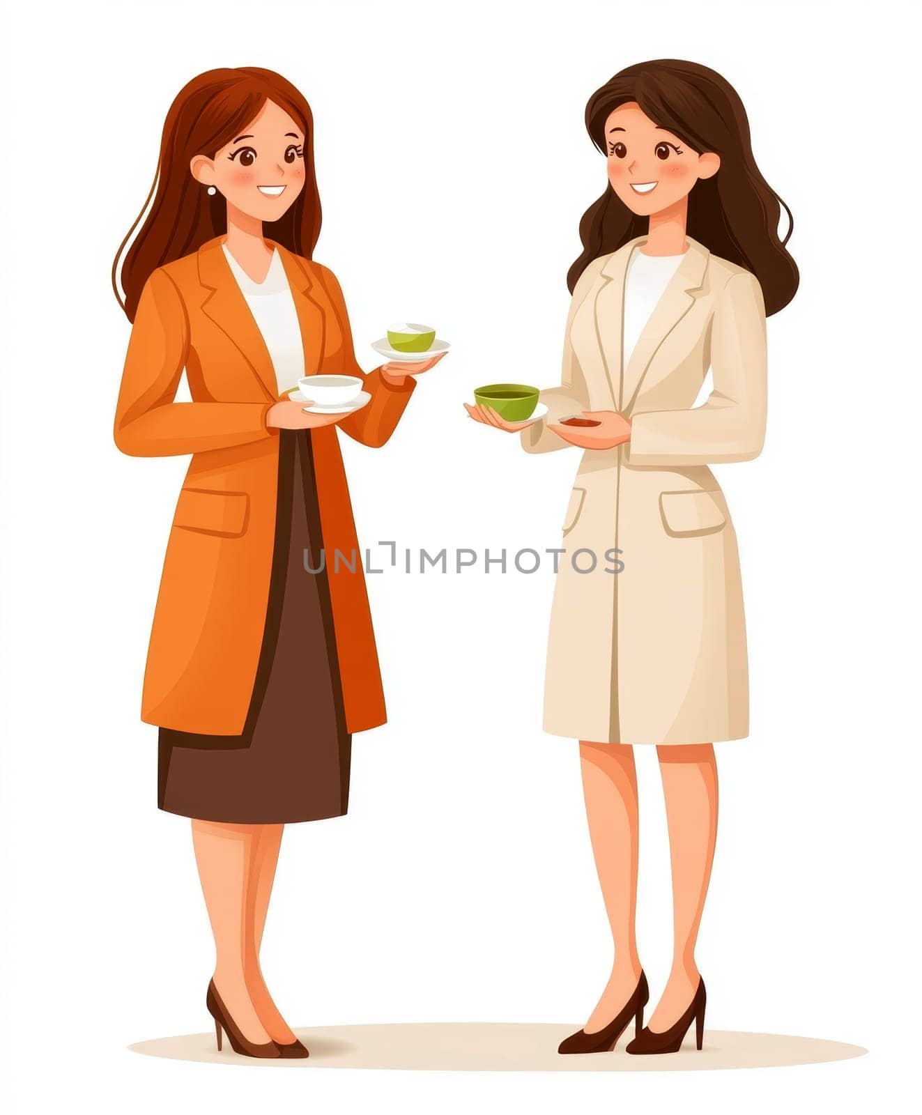 modern tea garden talking women, simple illustration style. AI generative.