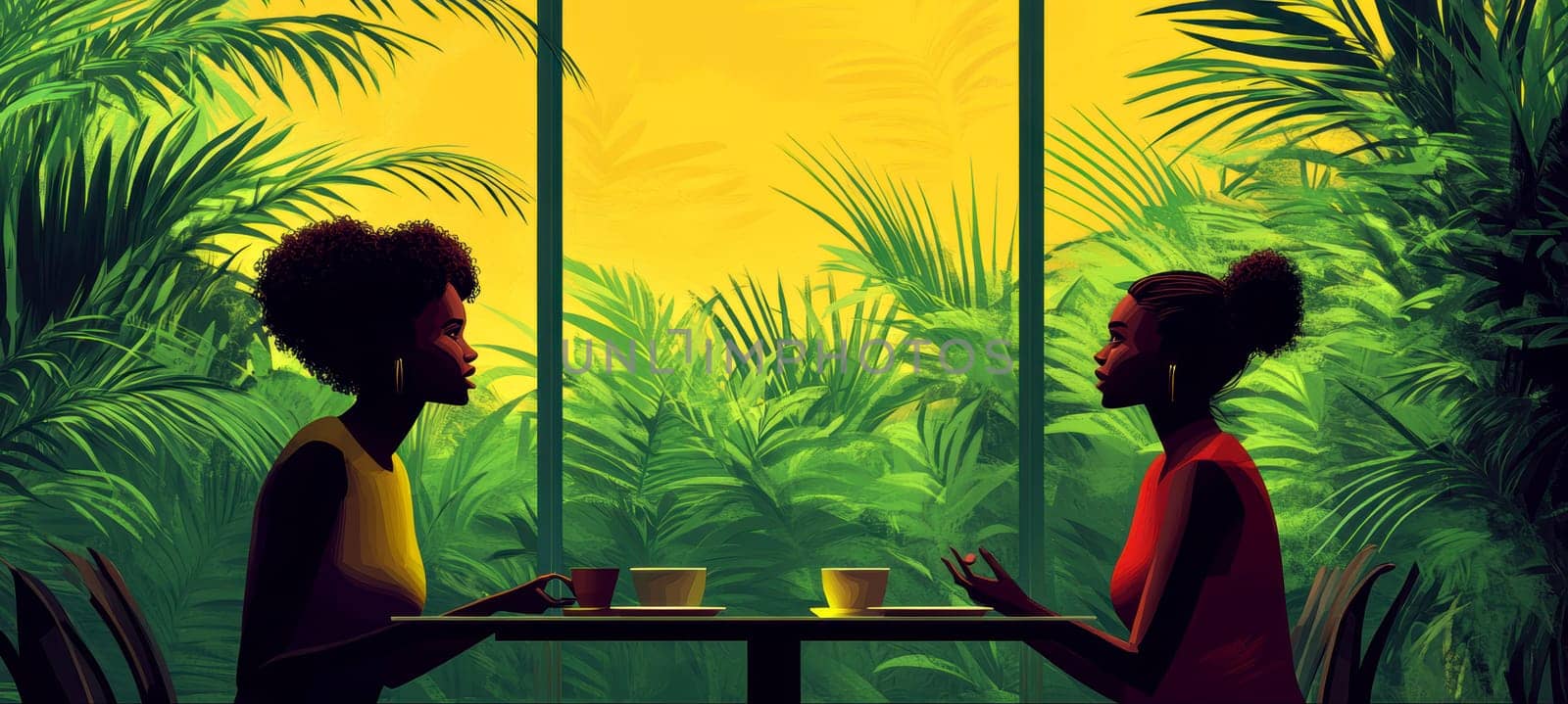modern tea garden talking women, simple illustration style. AI generative.
