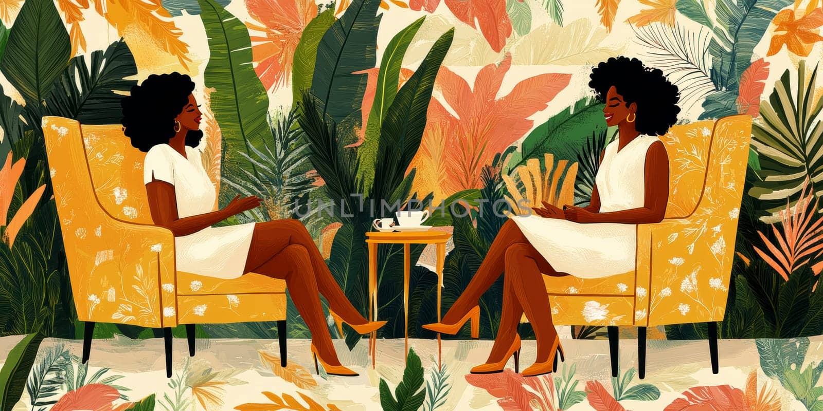 modern tea garden talking women, simple illustration style. AI generative.