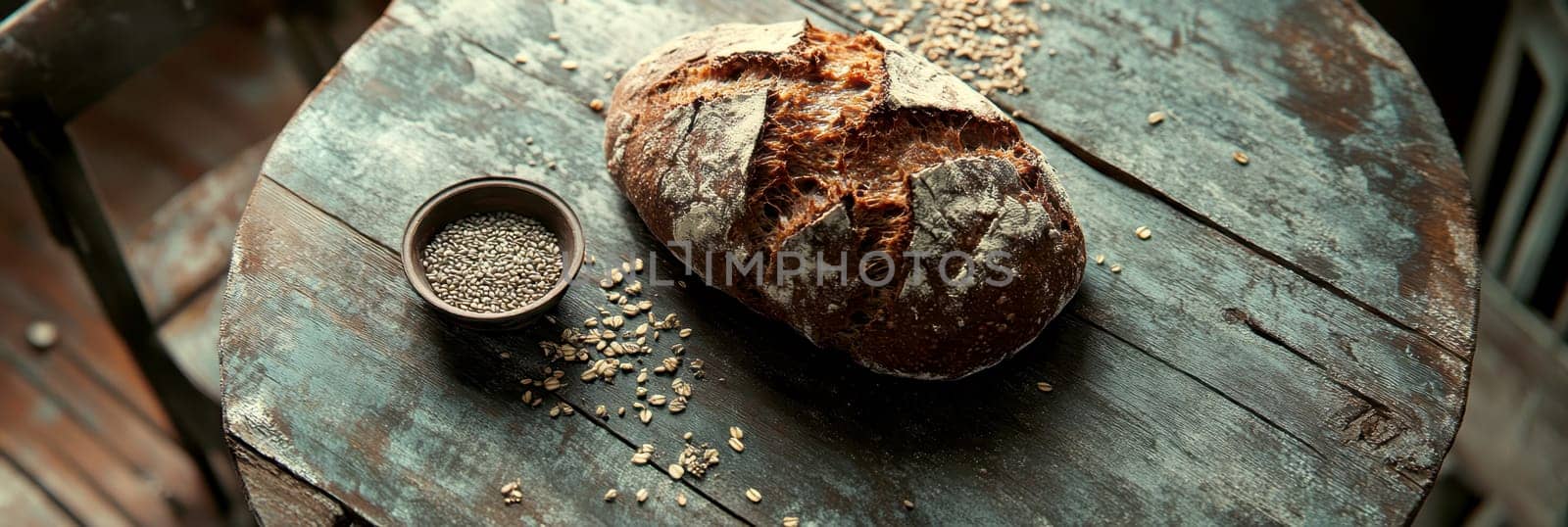 A rustic loaf of bread lying on a wooden table. AI generative.