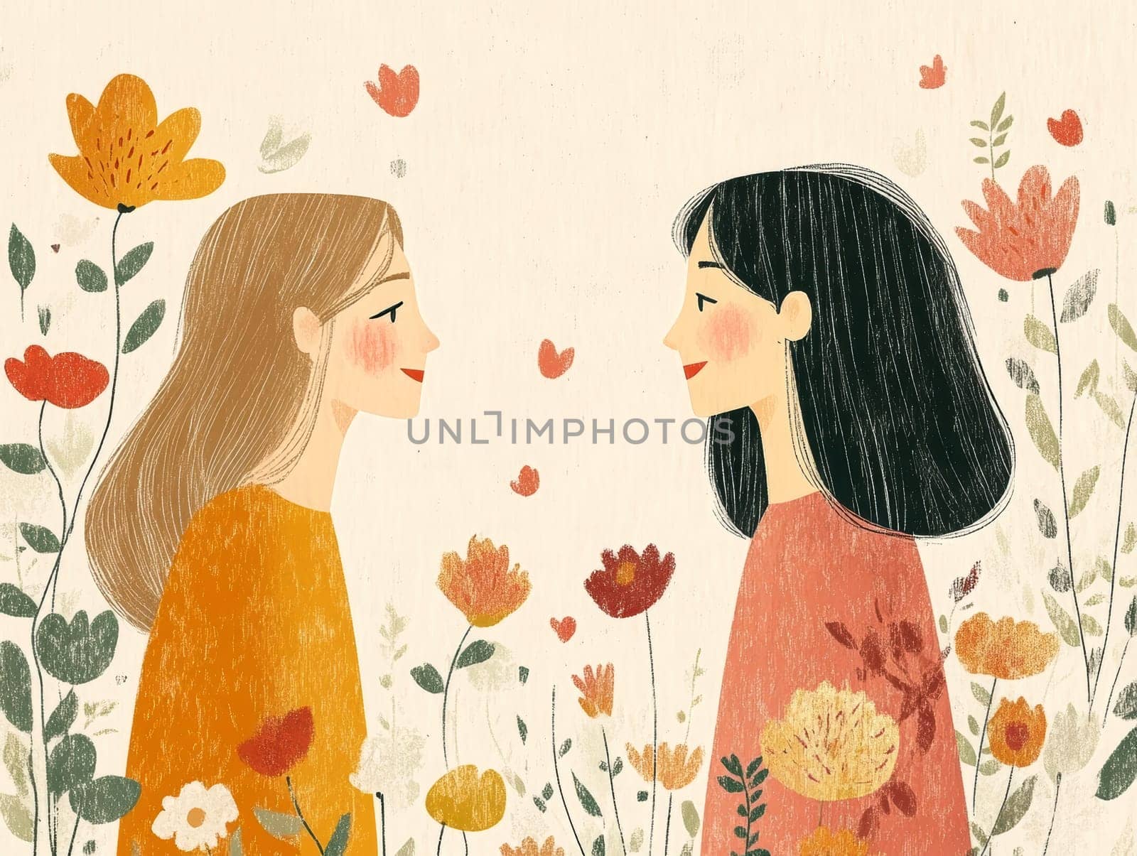 modern tea garden talking women, simple illustration style. AI generative.