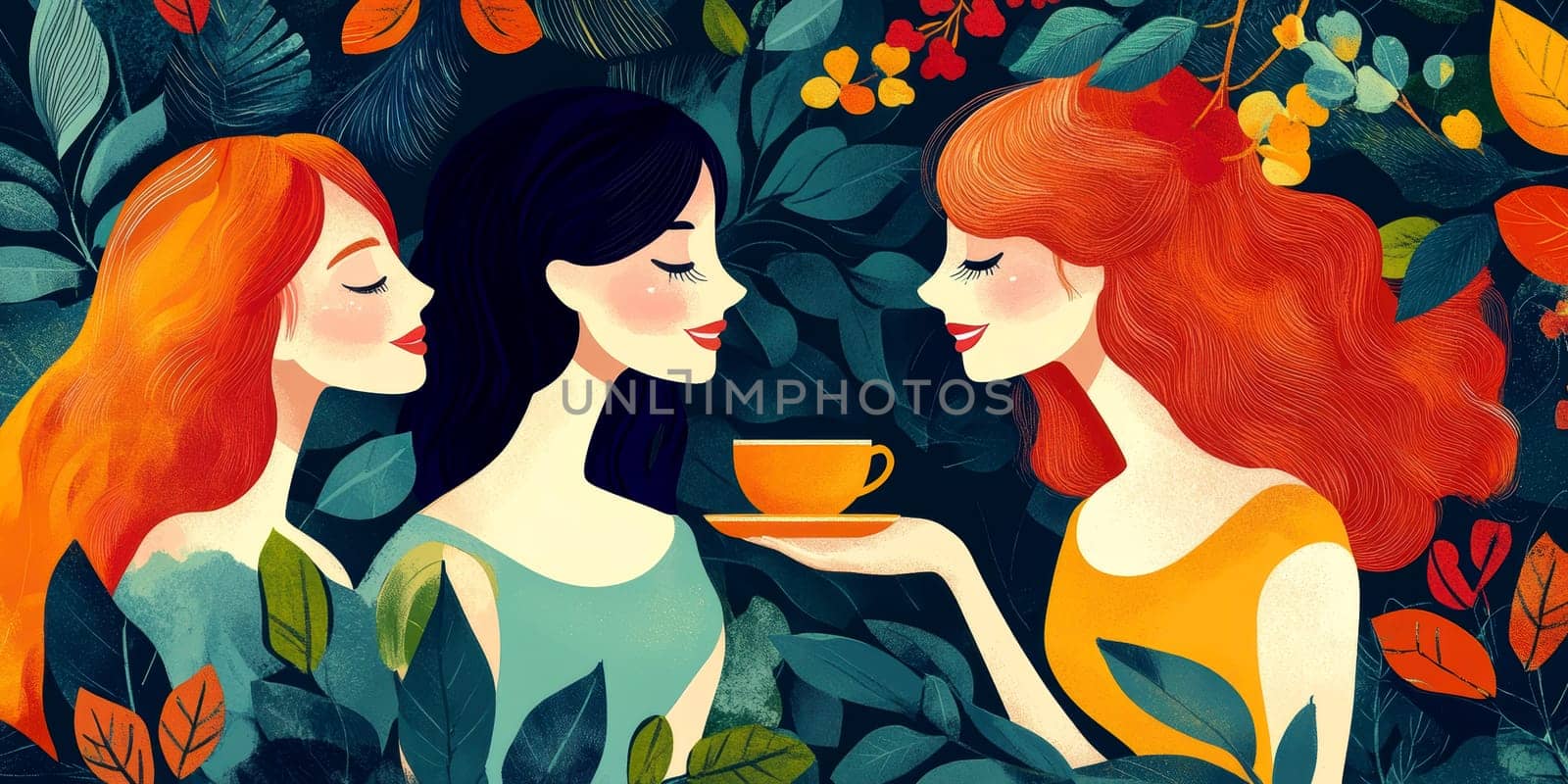 modern tea garden talking women, simple illustration style. AI generative.
