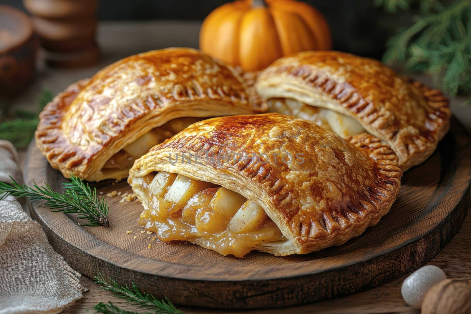 Freshly baked pies with filling. AI generative.