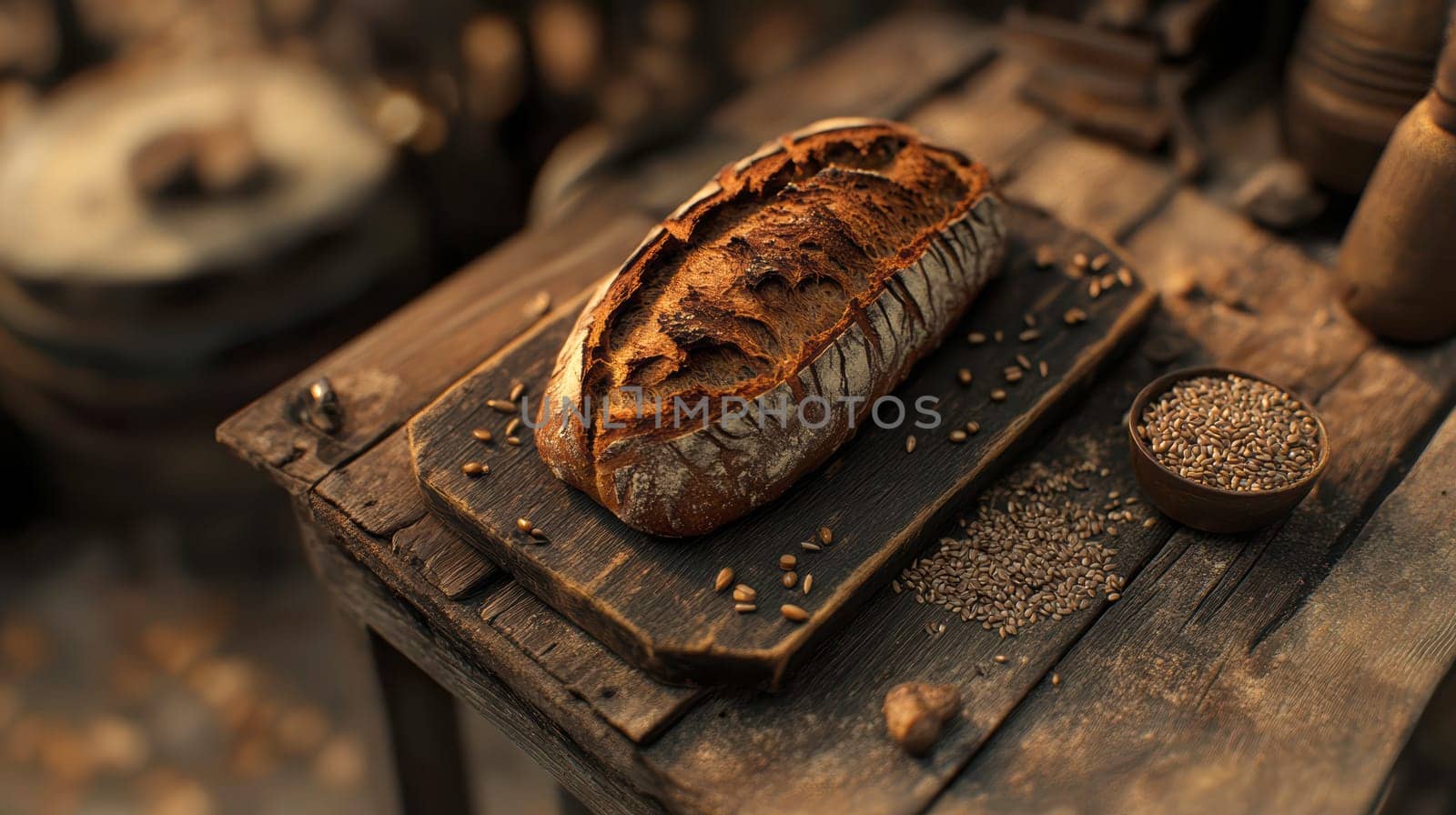 A rustic loaf of bread lying on a wooden table. AI generative.