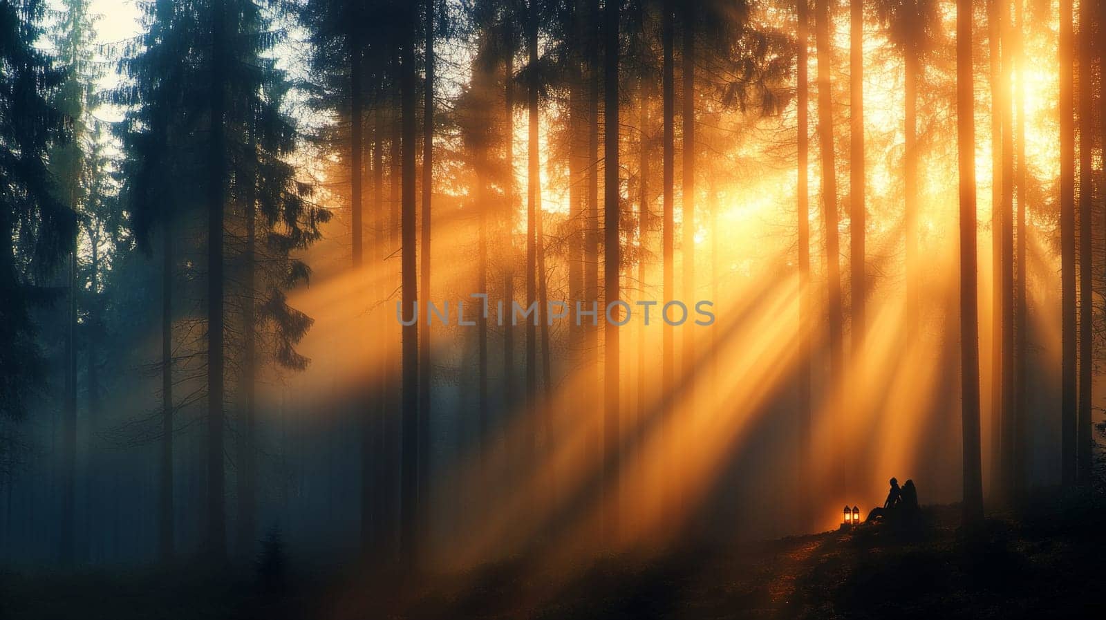 A lone figure sits in the middle of a dark forest with a lantern in his hands, surrounded by tall trees from behind which the sun rises.