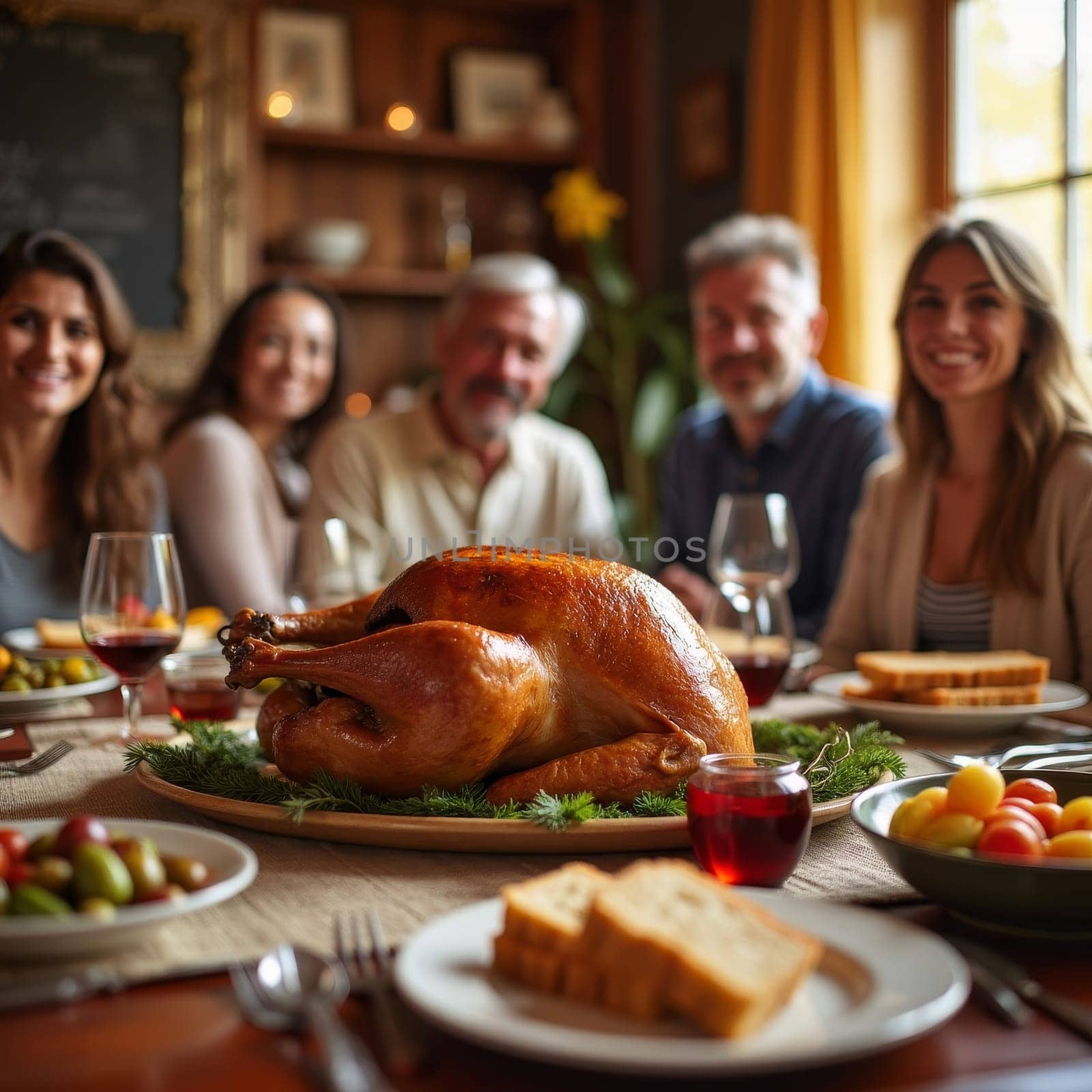 A golden roast turkey takes center stage on a festive table with a multi generational family smiling in the background, capturing the warmth of a Thanksgiving celebration.