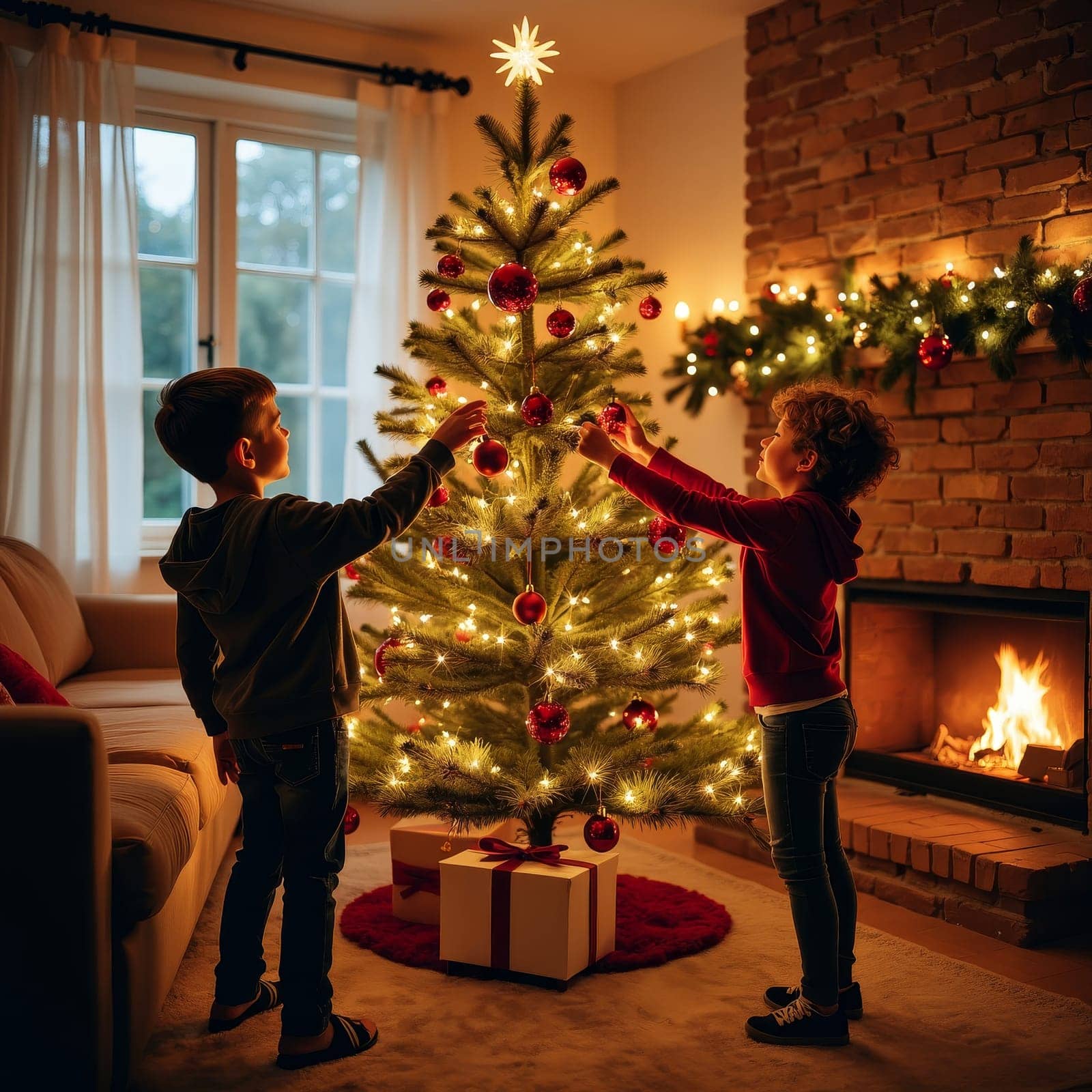 Two young children reaching up to hang red ornaments on a lit Christmas tree in a cozy living room with fireplace and festive decorations.