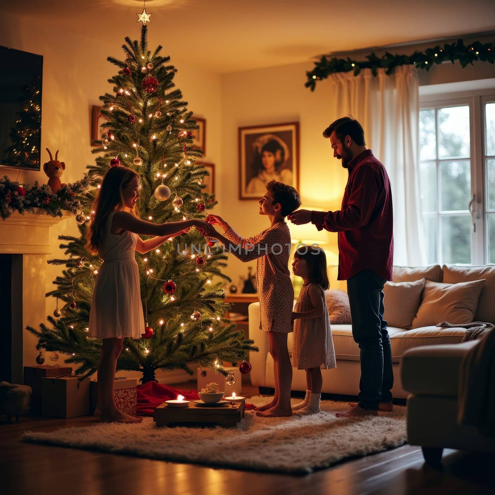Warm family moment as parents and children decorate illuminated Christmas tree in cozy living room, creating holiday atmosphere with ornaments and lights.