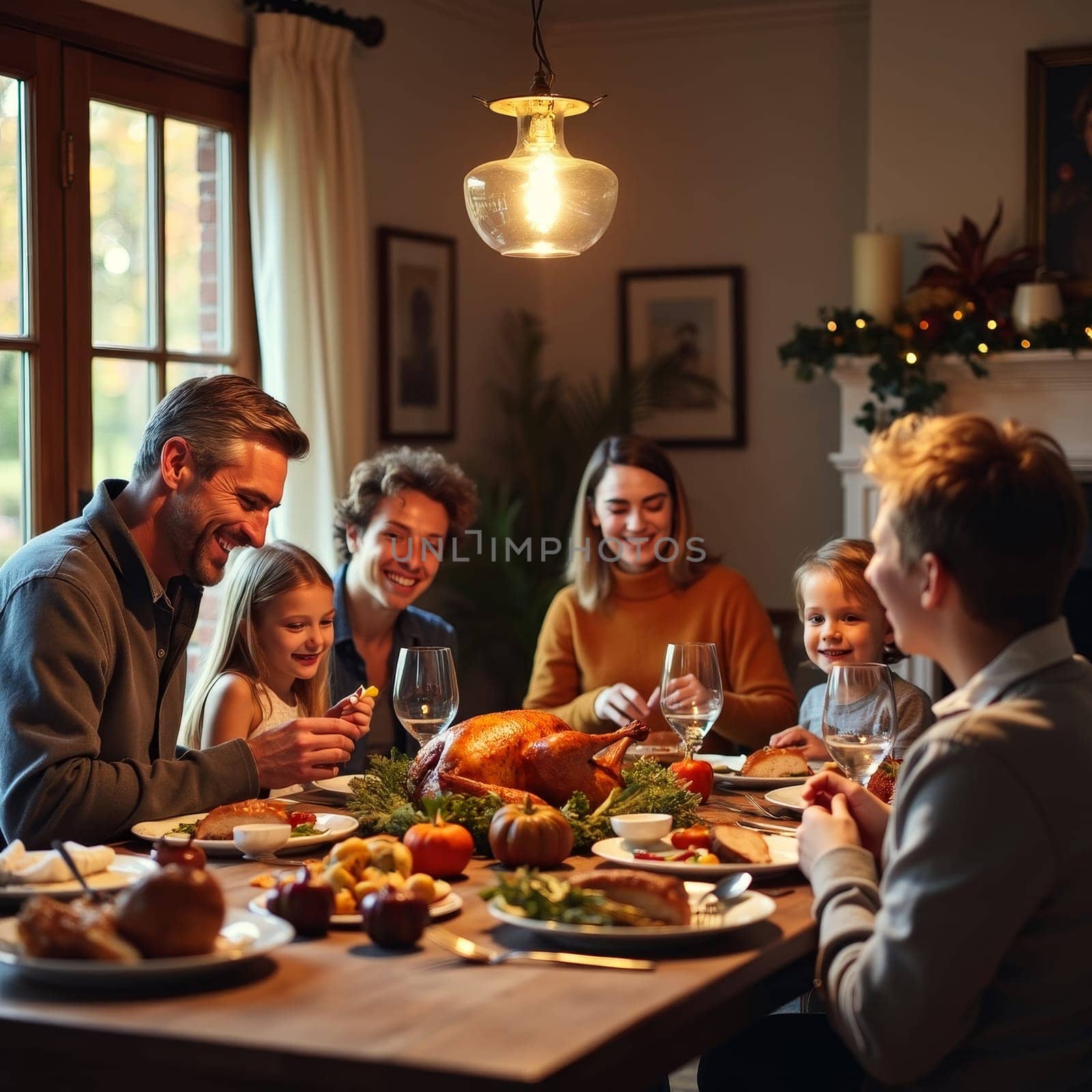Cheerful multi-generational family gathered around a festive table with roast turkey, enjoying a warm Thanksgiving dinner in a cozy home setting.