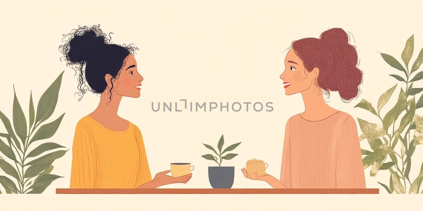 modern tea garden talking women, simple illustration style. AI generative.