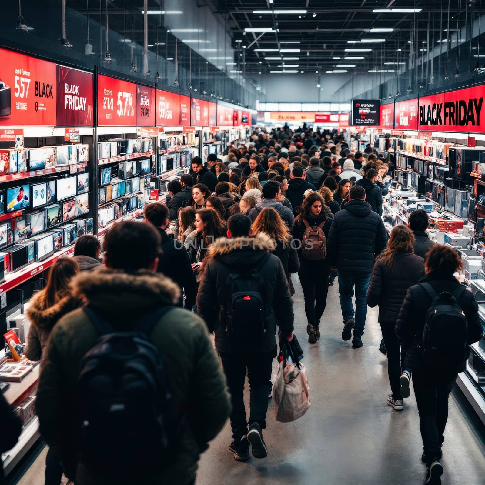 Packed aisles of electronics store with customers browsing deals during Black Friday sale, surrounded by red banners and discount signs in modern retail environment.