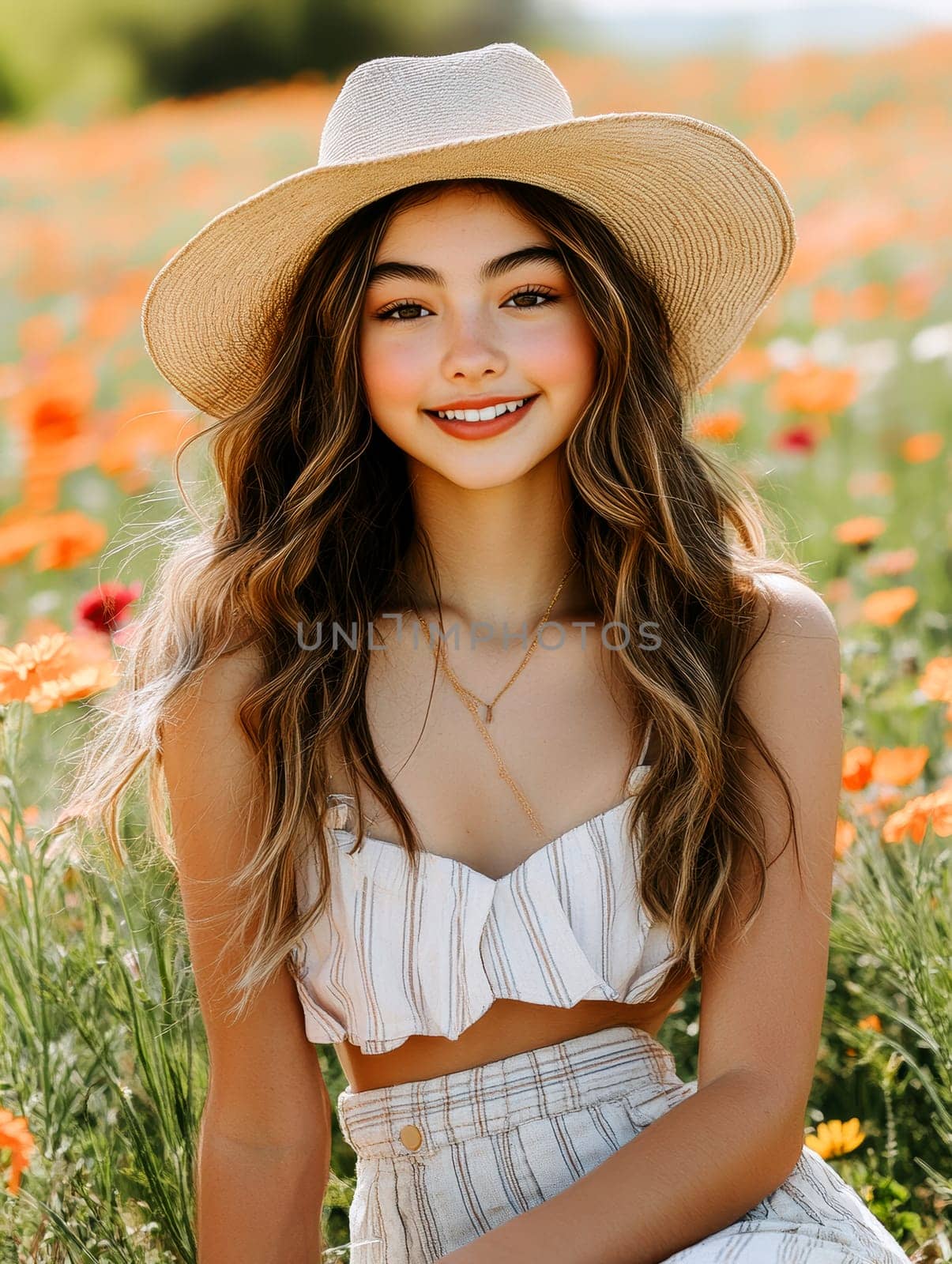 A positive, smiling girl sitting on a sunlit meadow . AI generative.